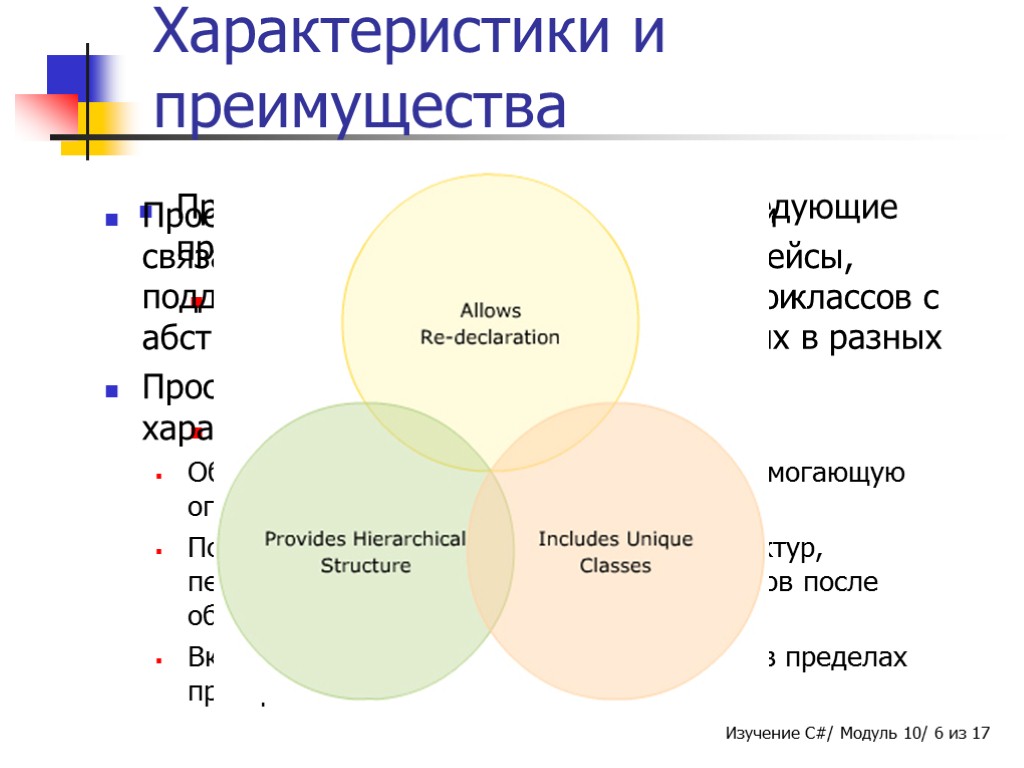 Пространство имен обеспечивает следующие преимущества: Позволяет использовать несколько классов с одинаковыми именами, создавая их